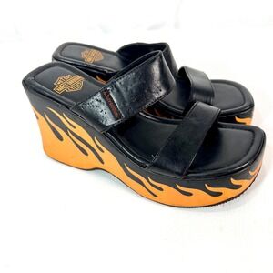 Harley Davidson Y2K Flame Platform Wedge Sandals Slides 7M Black Orange SEE PICS